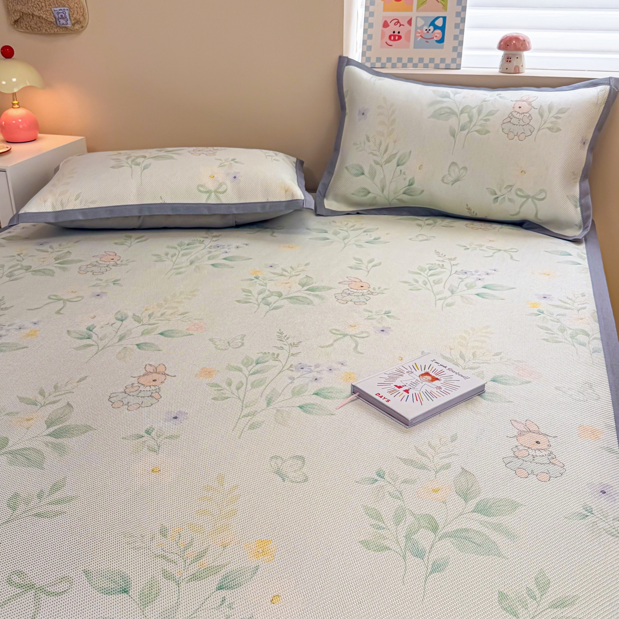 91家纺网 家纺一手货源 找家纺 沐慕 2026新款高克重600D冰丝印花冰藤席 冰藤-绿野兔踪