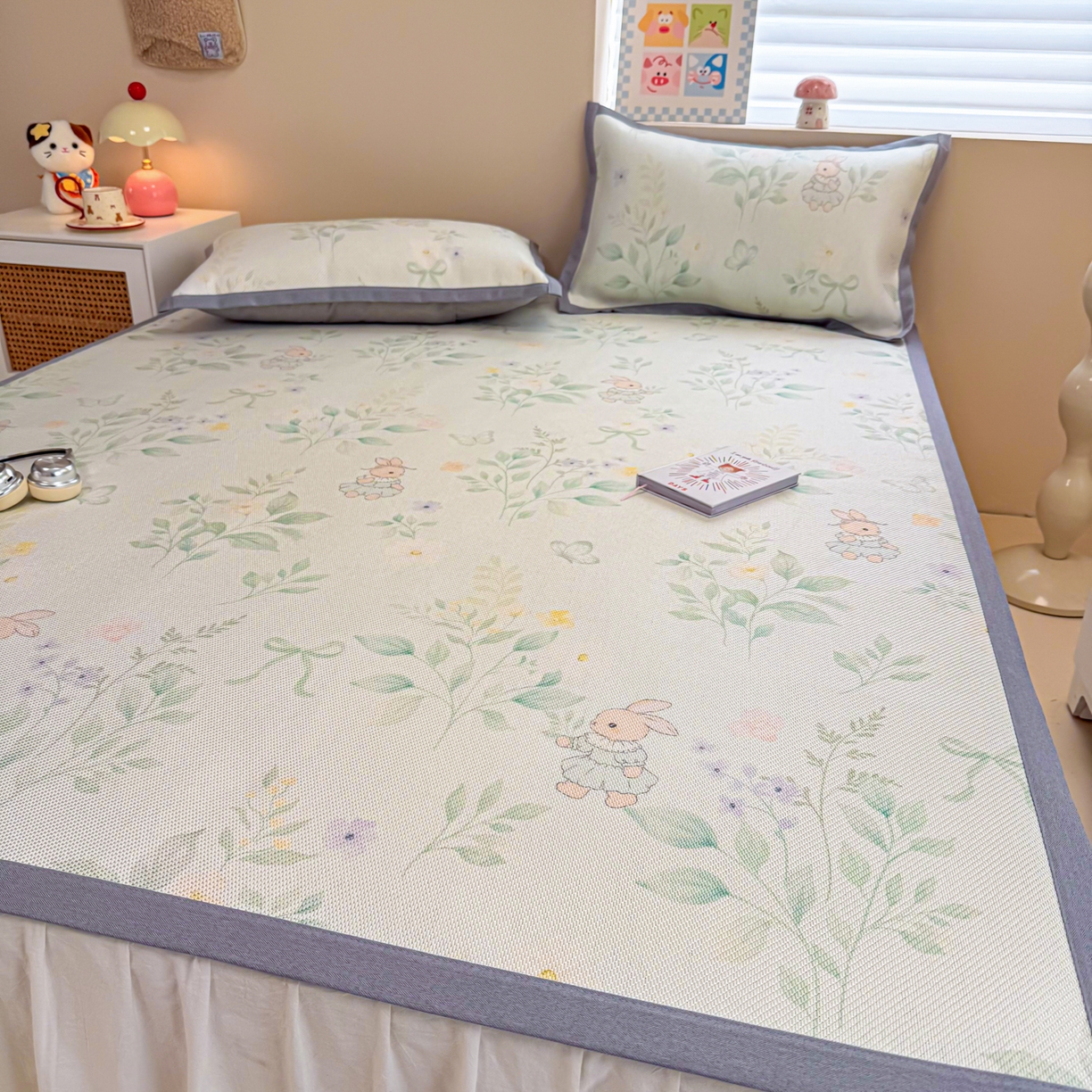 91家纺网 家纺一手货源 找家纺 沐慕 2026新款高克重600D冰丝印花冰藤席 冰藤-绿野兔踪