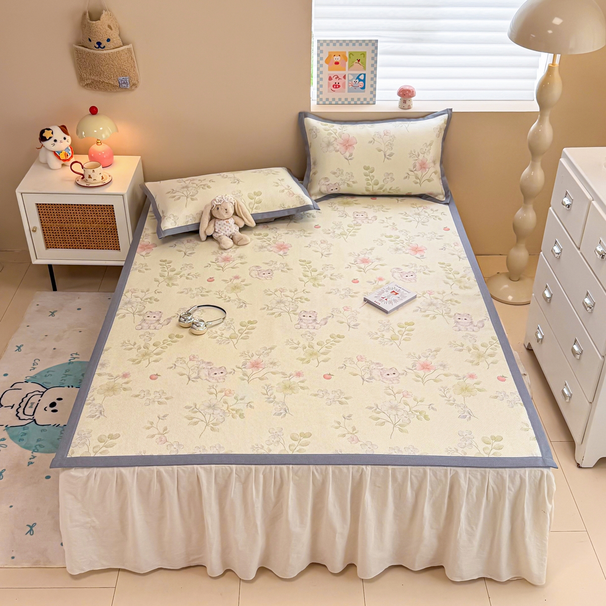 91家纺网 家纺一手货源 找家纺 沐慕 2026新款高克重600D冰丝印花冰藤席 冰藤-绿叶奶猫