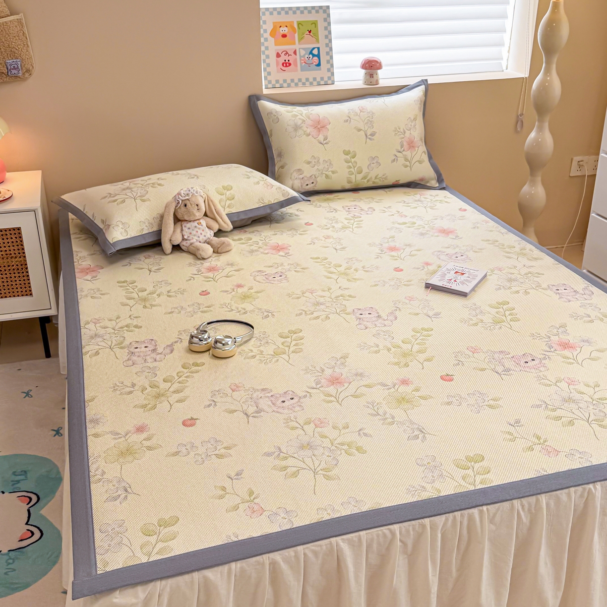 91家纺网 家纺一手货源 找家纺 沐慕 2026新款高克重600D冰丝印花冰藤席 冰藤-绿叶奶猫