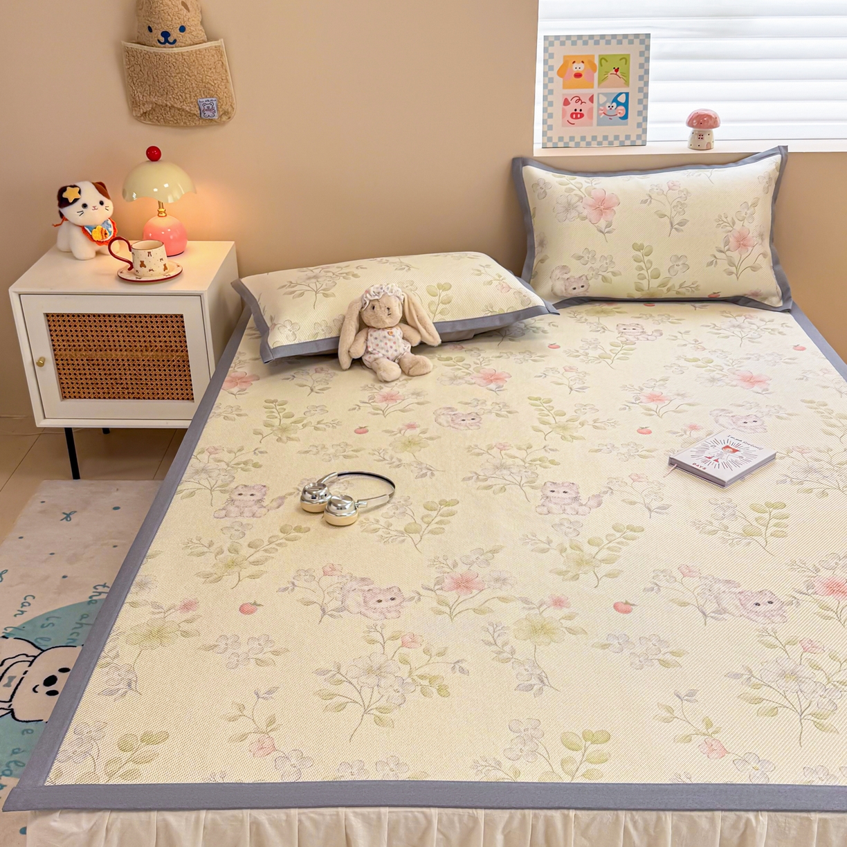 91家纺网 家纺一手货源 找家纺 沐慕 2026新款高克重600D冰丝印花冰藤席 冰藤-绿叶奶猫