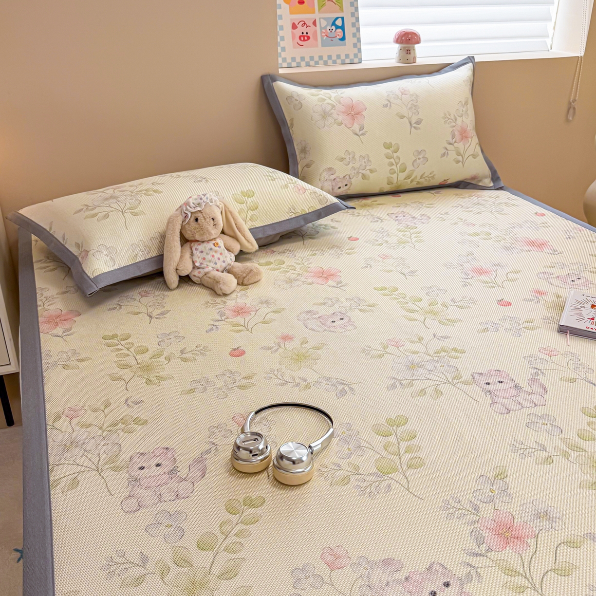 91家纺网 家纺一手货源 找家纺 沐慕 2026新款高克重600D冰丝印花冰藤席 冰藤-绿叶奶猫