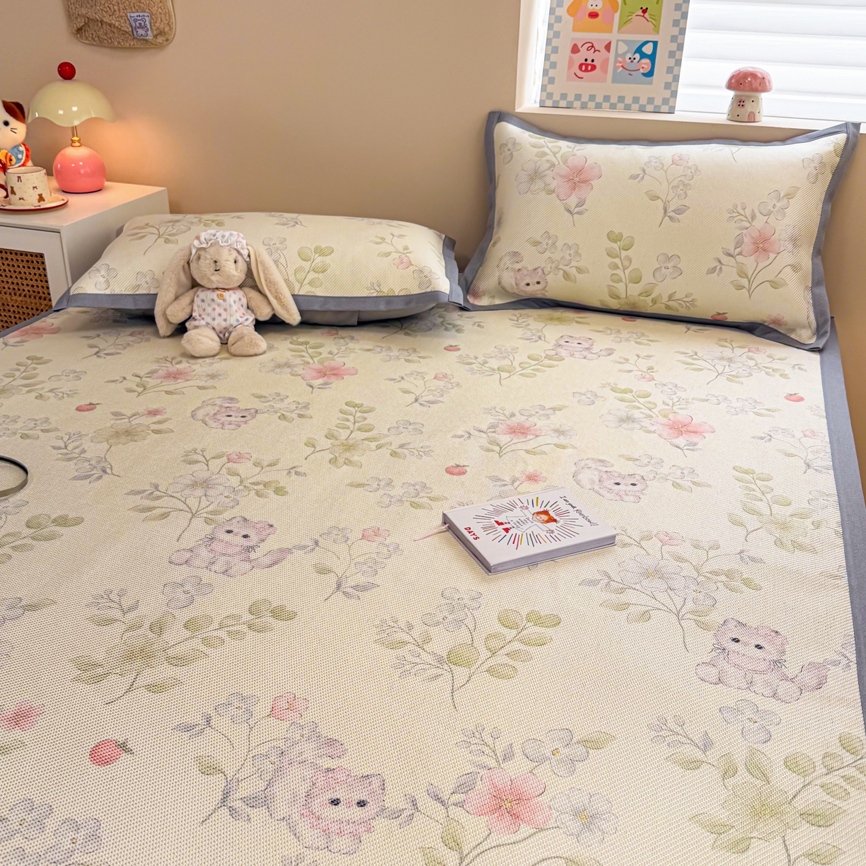 91家纺网 家纺一手货源 找家纺 沐慕 2026新款高克重600D冰丝印花冰藤席 冰藤-绿叶奶猫