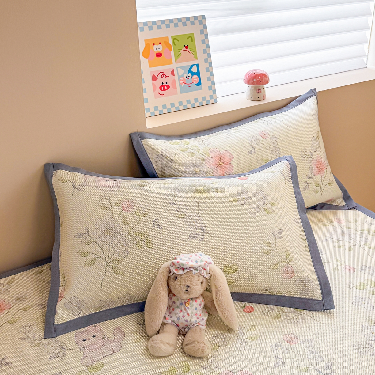 91家纺网 家纺一手货源 找家纺 沐慕 2026新款高克重600D冰丝印花冰藤席 冰藤-绿叶奶猫