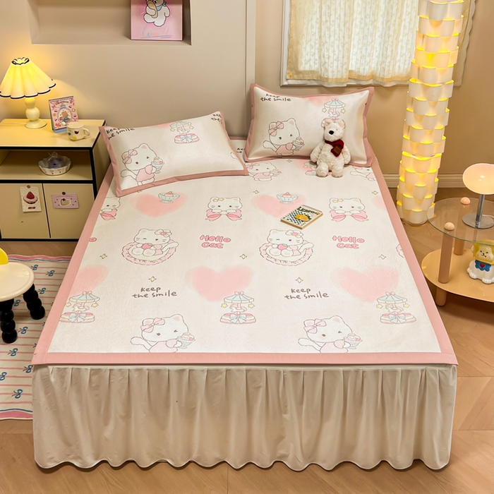 91家纺网 家纺一手货源 找家纺 沐慕 2026新款高克重600D冰丝印花冰藤席 冰藤-猫咪公主