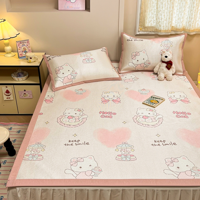 91家纺网 家纺一手货源 找家纺 沐慕 2026新款高克重600D冰丝印花冰藤席 冰藤-猫咪公主