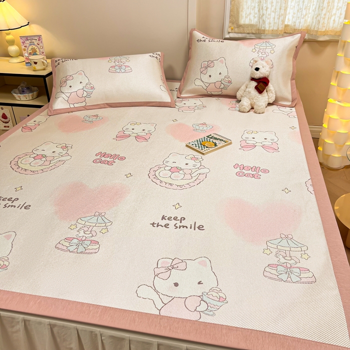 91家纺网 家纺一手货源 找家纺 沐慕 2026新款高克重600D冰丝印花冰藤席 冰藤-猫咪公主