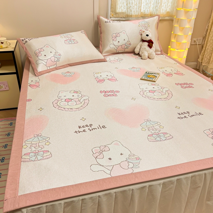 91家纺网 家纺一手货源 找家纺 沐慕 2026新款高克重600D冰丝印花冰藤席 冰藤-猫咪公主