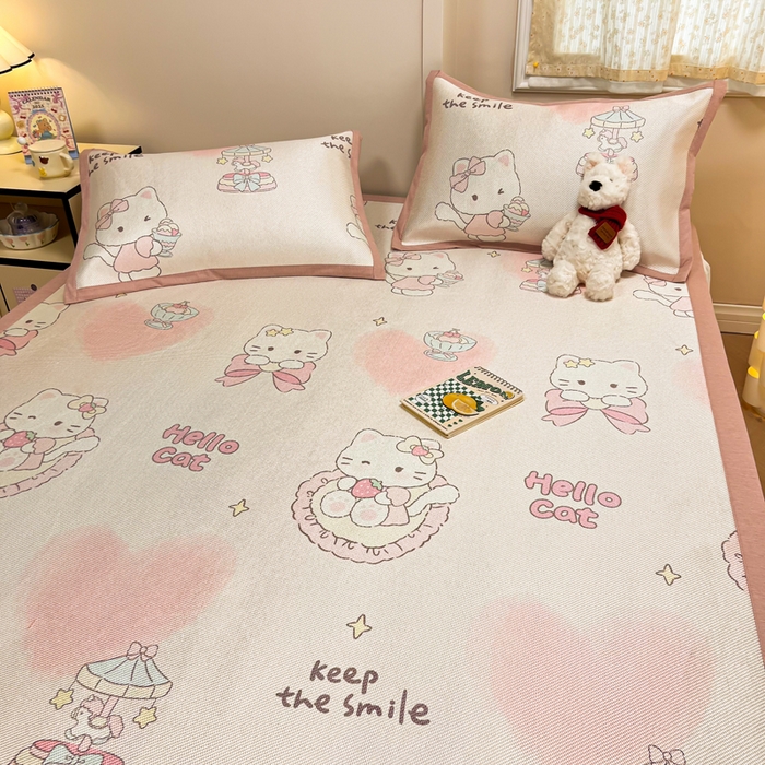 91家纺网 家纺一手货源 找家纺 沐慕 2026新款高克重600D冰丝印花冰藤席 冰藤-猫咪公主