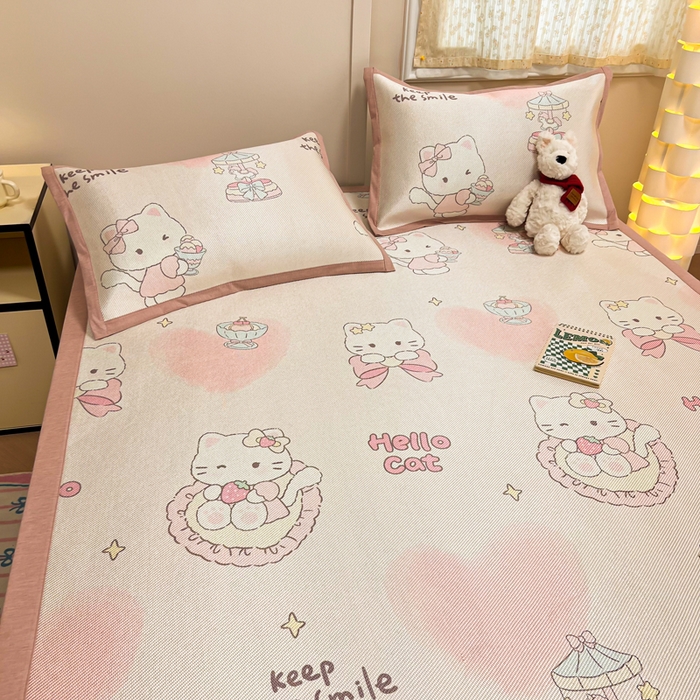 91家纺网 家纺一手货源 找家纺 沐慕 2026新款高克重600D冰丝印花冰藤席 冰藤-猫咪公主