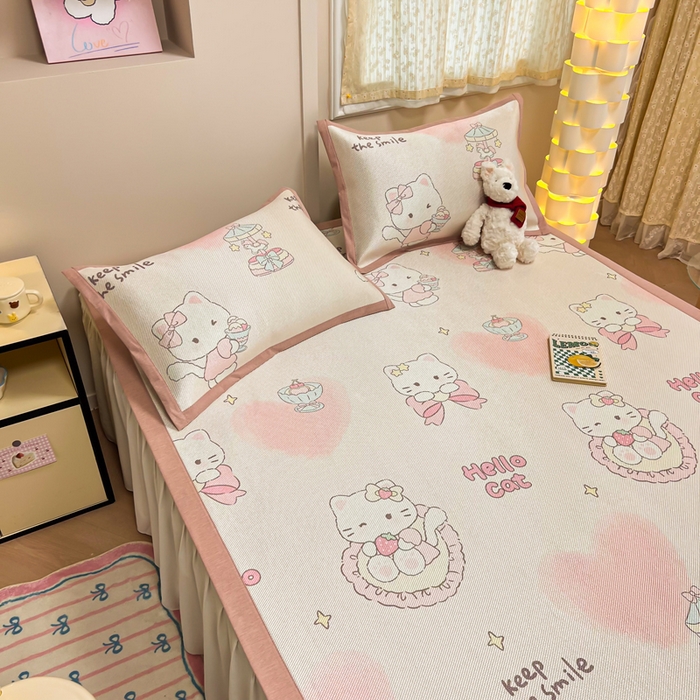 91家纺网 家纺一手货源 找家纺 沐慕 2026新款高克重600D冰丝印花冰藤席 冰藤-猫咪公主