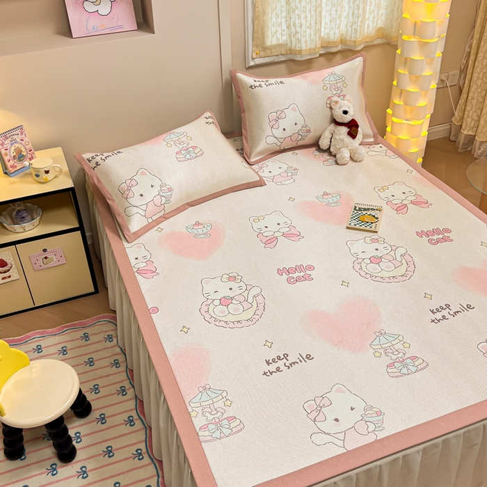 91家纺网 家纺一手货源 找家纺 沐慕 2026新款高克重600D冰丝印花冰藤席 冰藤-猫咪公主