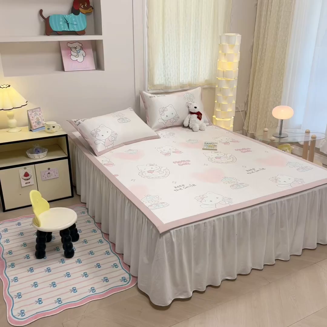 91家纺网 家纺一手货源 找家纺 沐慕 2026新款高克重600D冰丝印花冰藤席 冰藤-猫咪公主