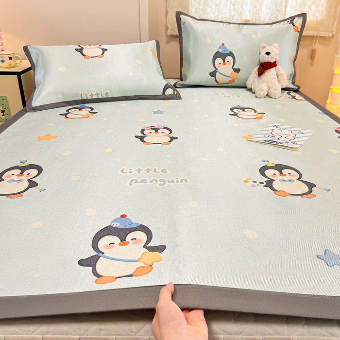 沐慕 2026新款高克重600D冰丝印花冰藤席 冰藤-企鹅伙伴