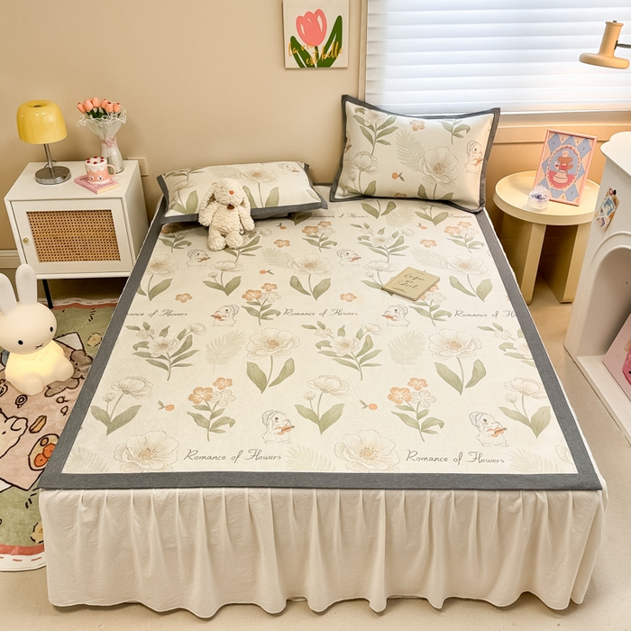 91家纺网 家纺一手货源 找家纺 沐慕 2026新款高克重600D冰丝印花冰藤席 冰藤-森系小兔