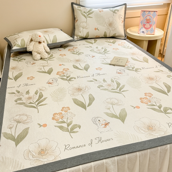 91家纺网 家纺一手货源 找家纺 沐慕 2026新款高克重600D冰丝印花冰藤席 冰藤-森系小兔