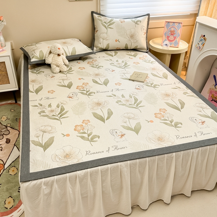 91家纺网 家纺一手货源 找家纺 沐慕 2026新款高克重600D冰丝印花冰藤席 冰藤-森系小兔