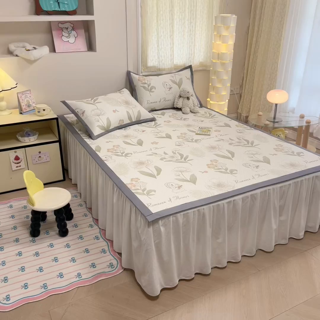 91家纺网 家纺一手货源 找家纺 沐慕 2026新款高克重600D冰丝印花冰藤席 冰藤-森系小兔