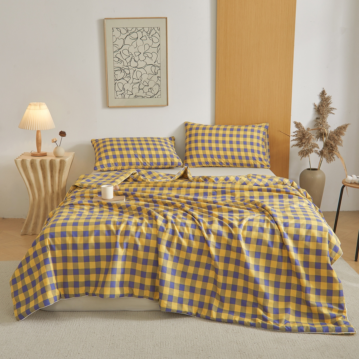 91家纺网 家纺一手货源 找家纺 景眠 2026新款水洗棉格子夏被 黄紫中格