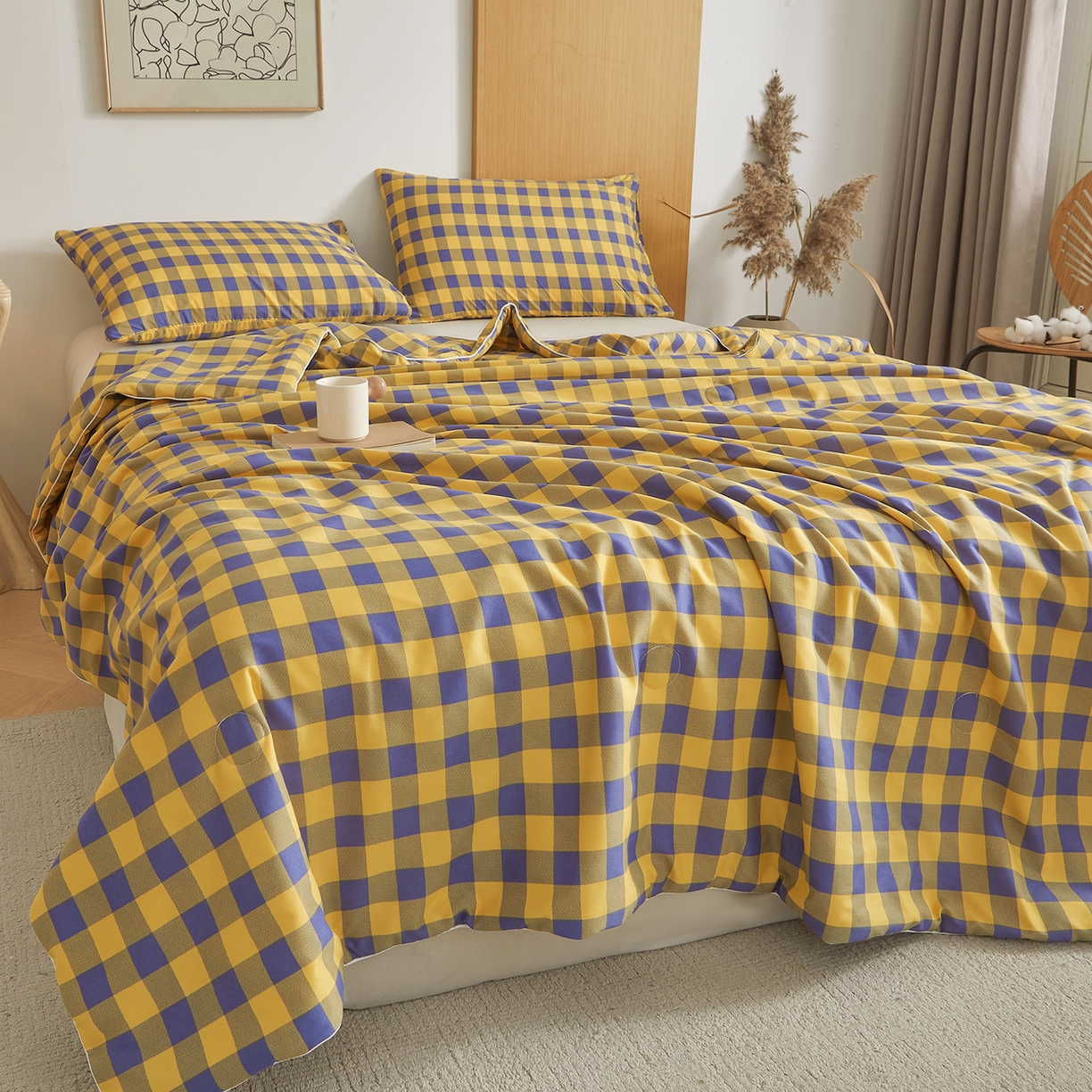 91家纺网 家纺一手货源 找家纺 景眠 2026新款水洗棉格子夏被 黄紫中格