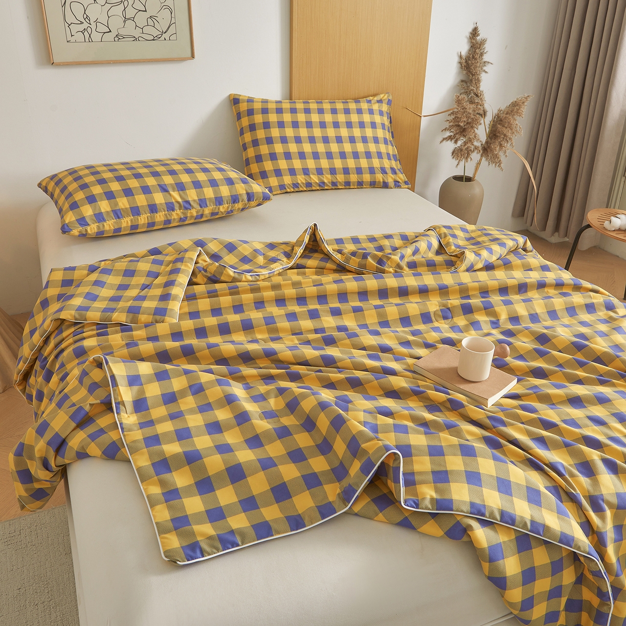 91家纺网 家纺一手货源 找家纺 景眠 2026新款水洗棉格子夏被 黄紫中格