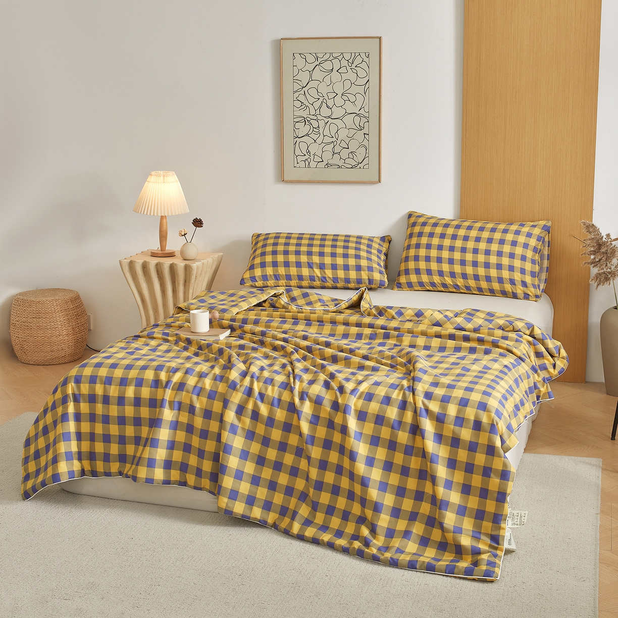 91家纺网 家纺一手货源 找家纺 景眠 2026新款水洗棉格子夏被 黄紫中格