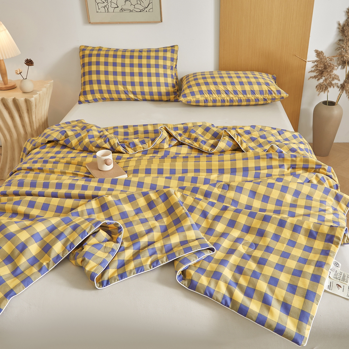 91家纺网 家纺一手货源 找家纺 景眠 2026新款水洗棉格子夏被 黄紫中格