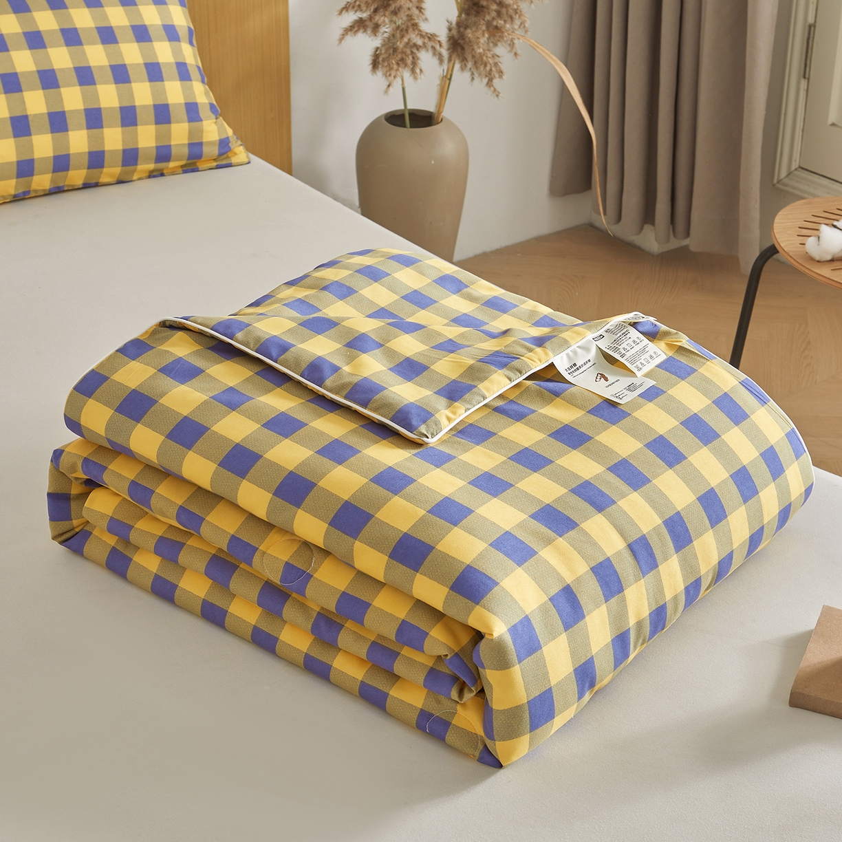 景眠 2026新款水洗棉格子夏被 黄紫中格