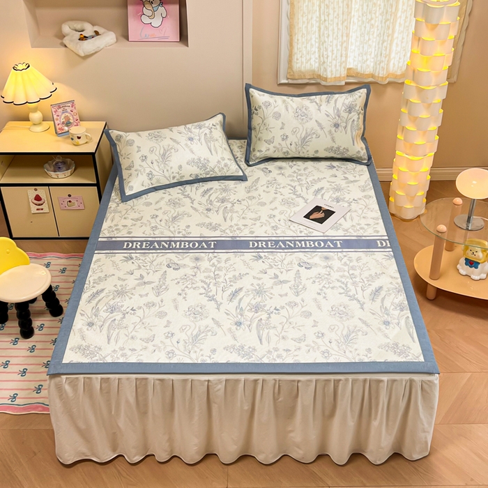 91家纺网 家纺一手货源 找家纺 沐慕 2026新款高克重600D冰丝印花冰藤席 冰藤-甜茶蓝