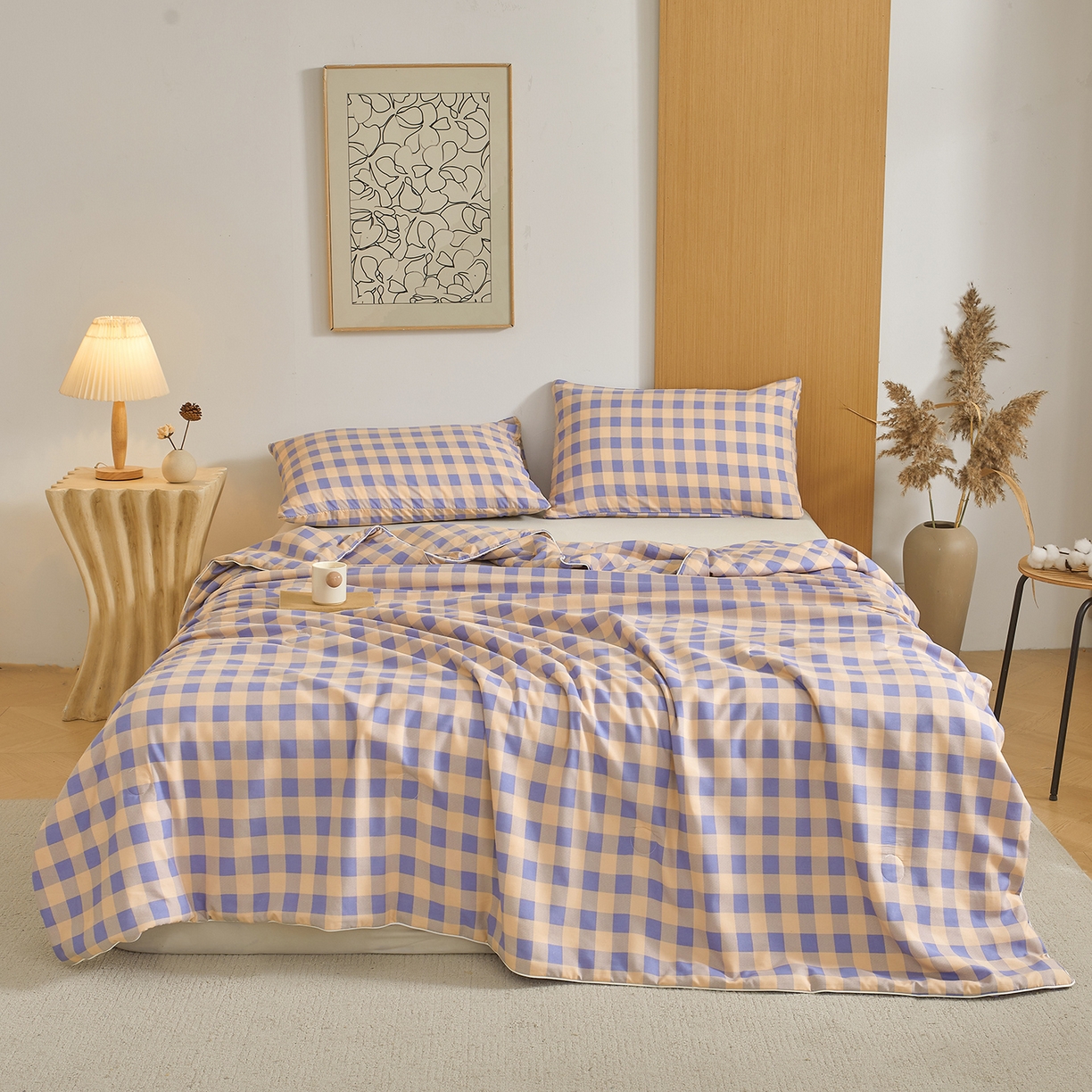 91家纺网 家纺一手货源 找家纺 景眠 2026新款水洗棉格子夏被 桔紫中格