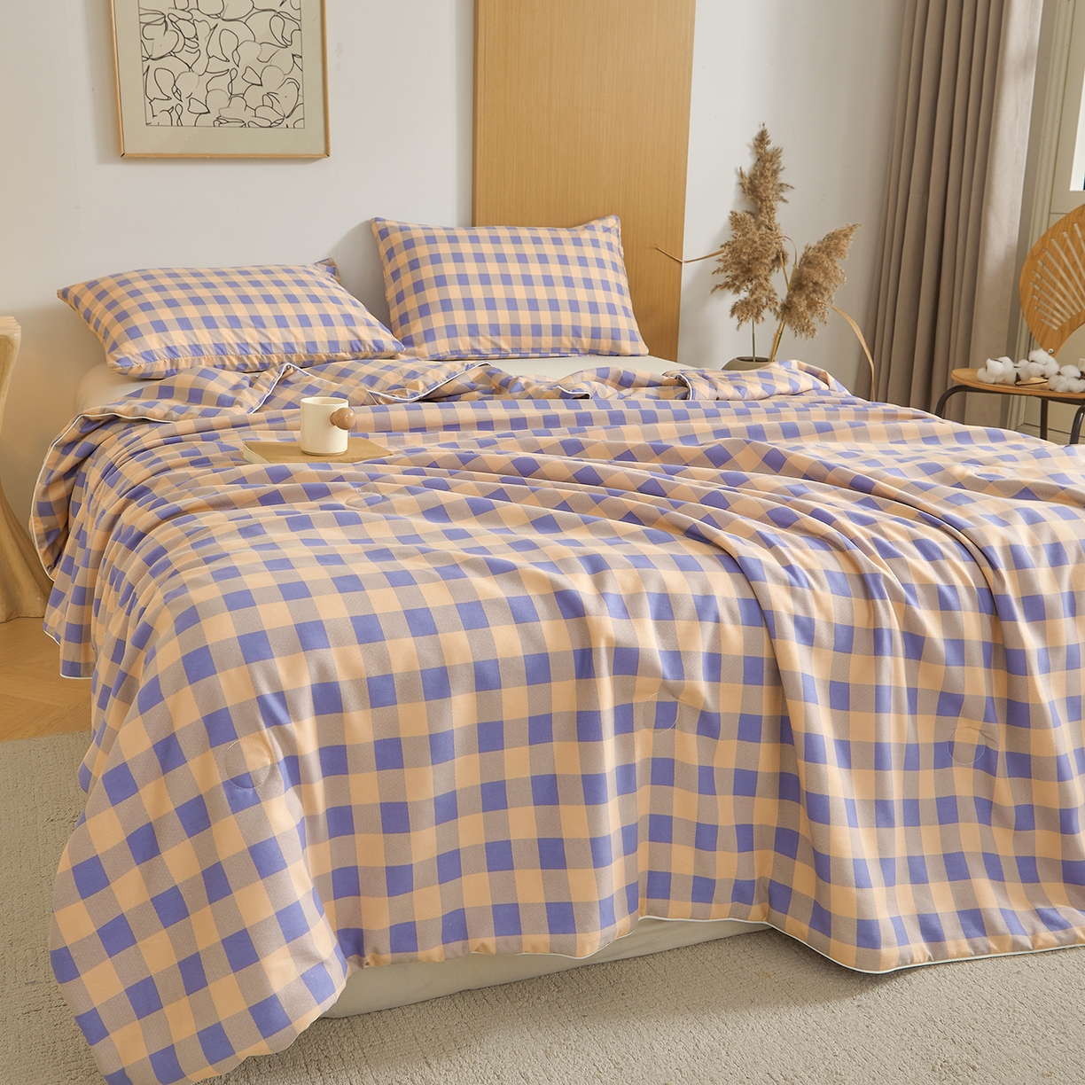 91家纺网 家纺一手货源 找家纺 景眠 2026新款水洗棉格子夏被 桔紫中格