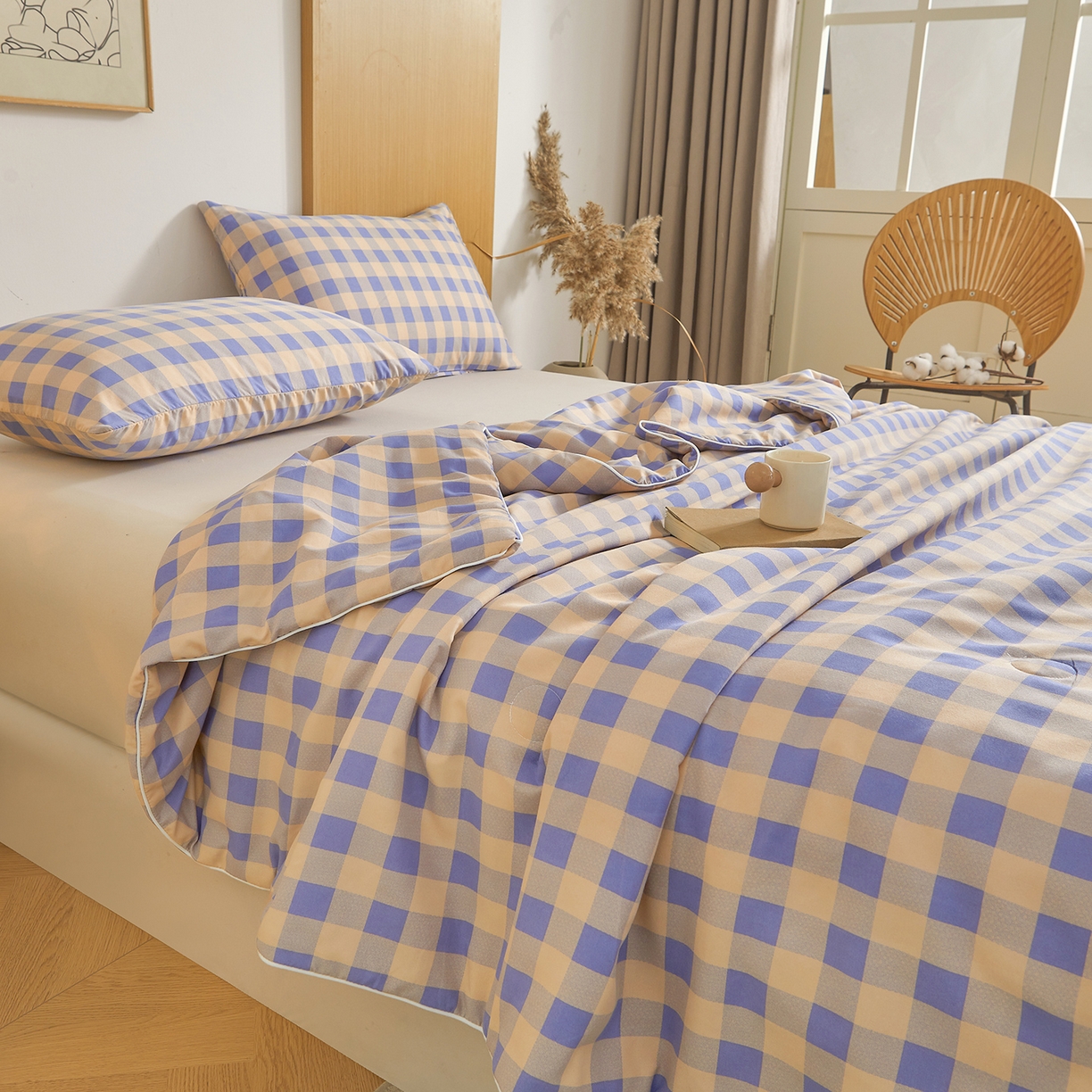 91家纺网 家纺一手货源 找家纺 景眠 2026新款水洗棉格子夏被 桔紫中格