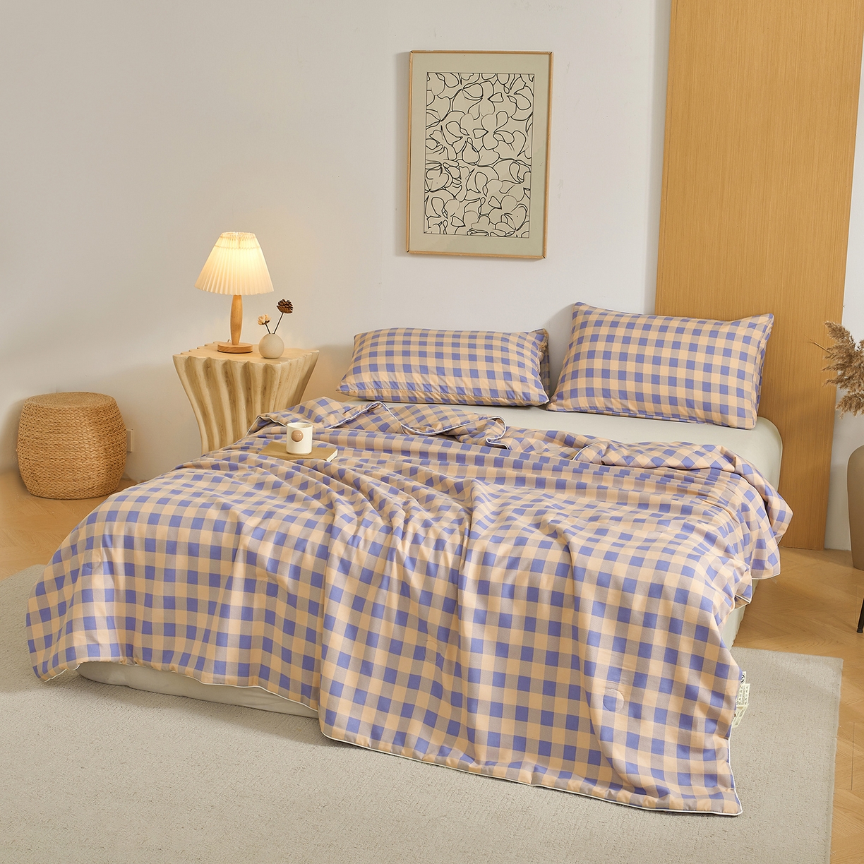 91家纺网 家纺一手货源 找家纺 景眠 2026新款水洗棉格子夏被 桔紫中格