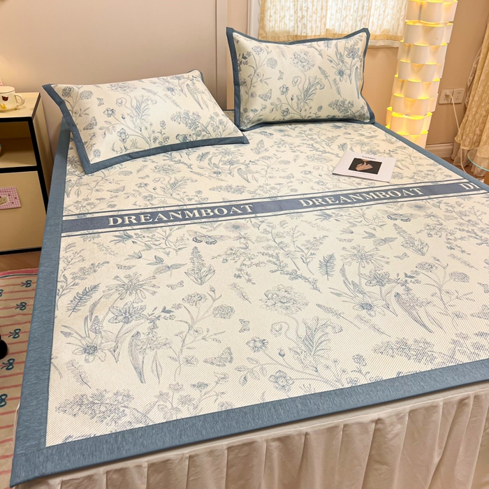 91家纺网 家纺一手货源 找家纺 沐慕 2026新款高克重600D冰丝印花冰藤席 冰藤-甜茶蓝