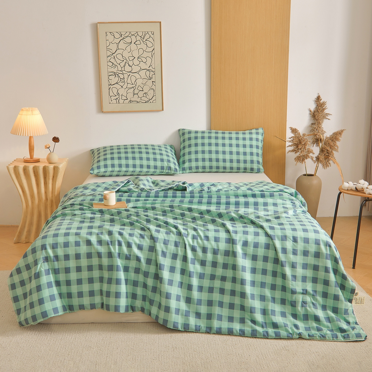 91家纺网 家纺一手货源 找家纺 景眠 2026新款水洗棉格子夏被 绿蓝中格
