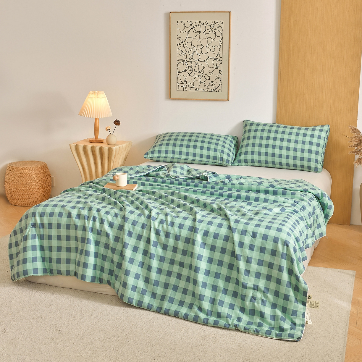 91家纺网 家纺一手货源 找家纺 景眠 2026新款水洗棉格子夏被 绿蓝中格