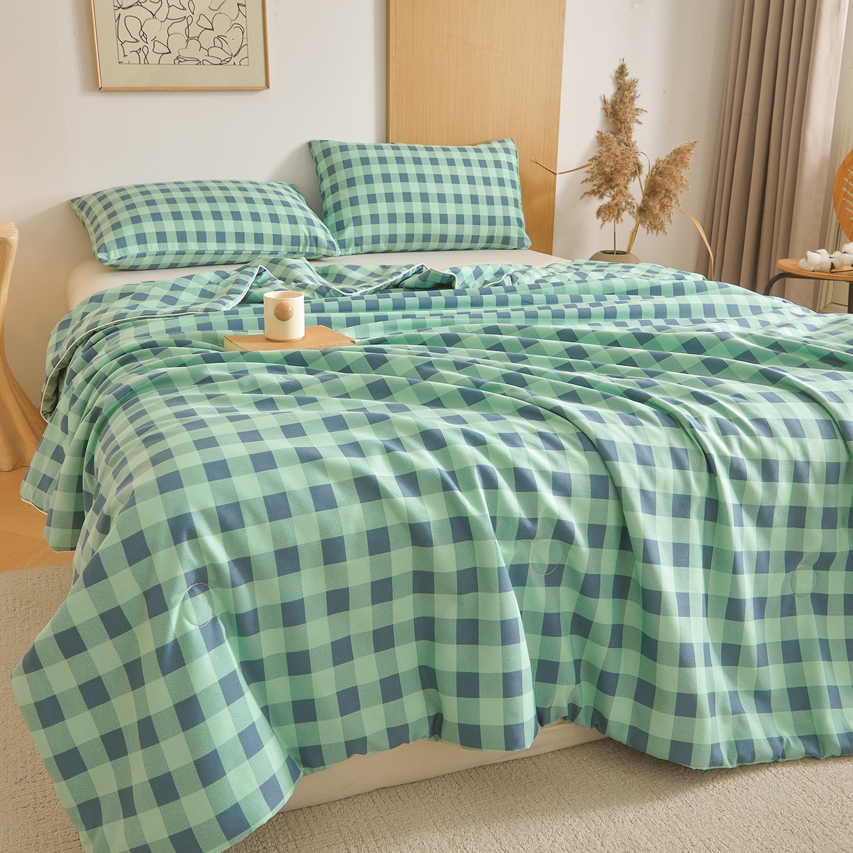 91家纺网 家纺一手货源 找家纺 景眠 2026新款水洗棉格子夏被 绿蓝中格