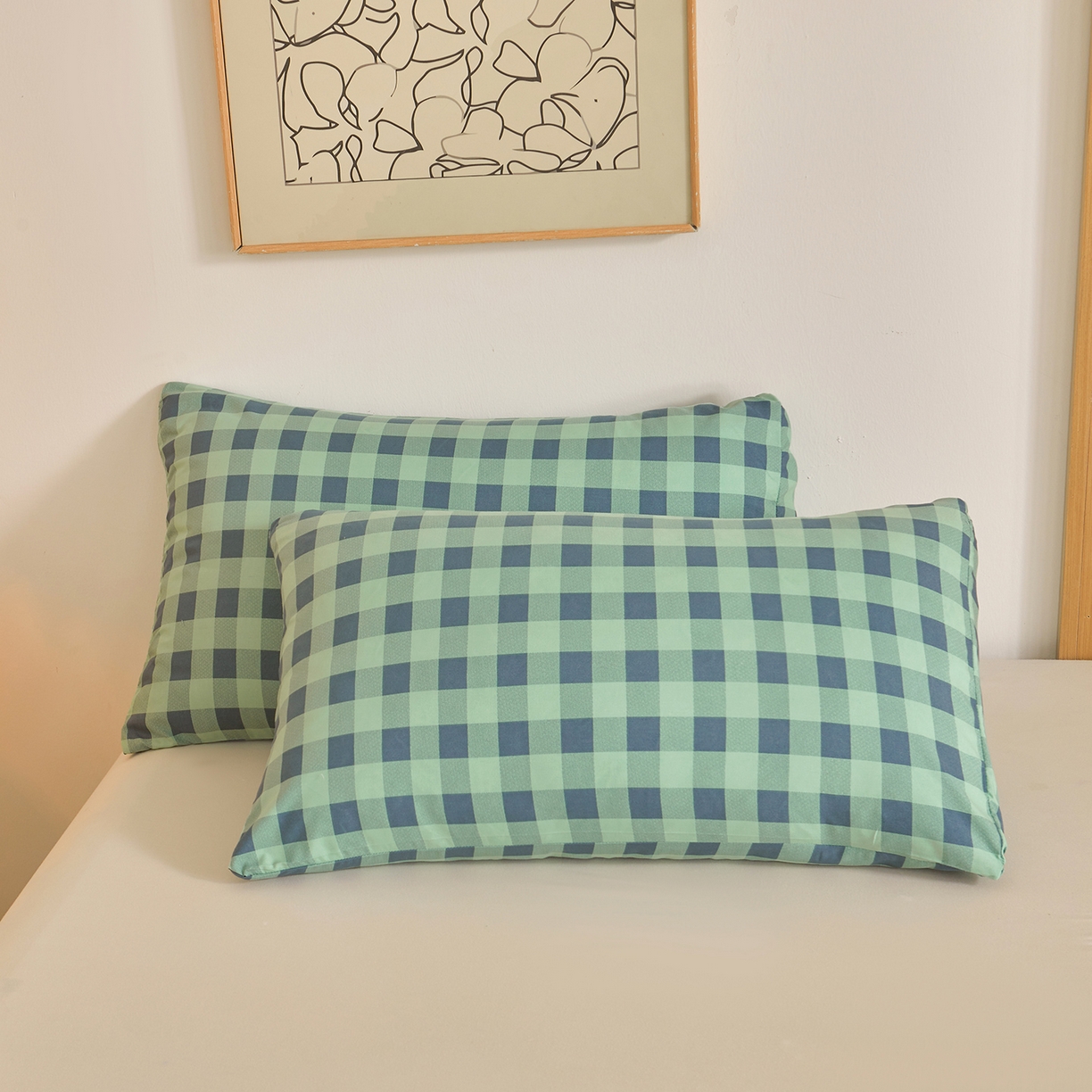 91家纺网 家纺一手货源 找家纺 景眠 2026新款水洗棉格子夏被 绿蓝中格