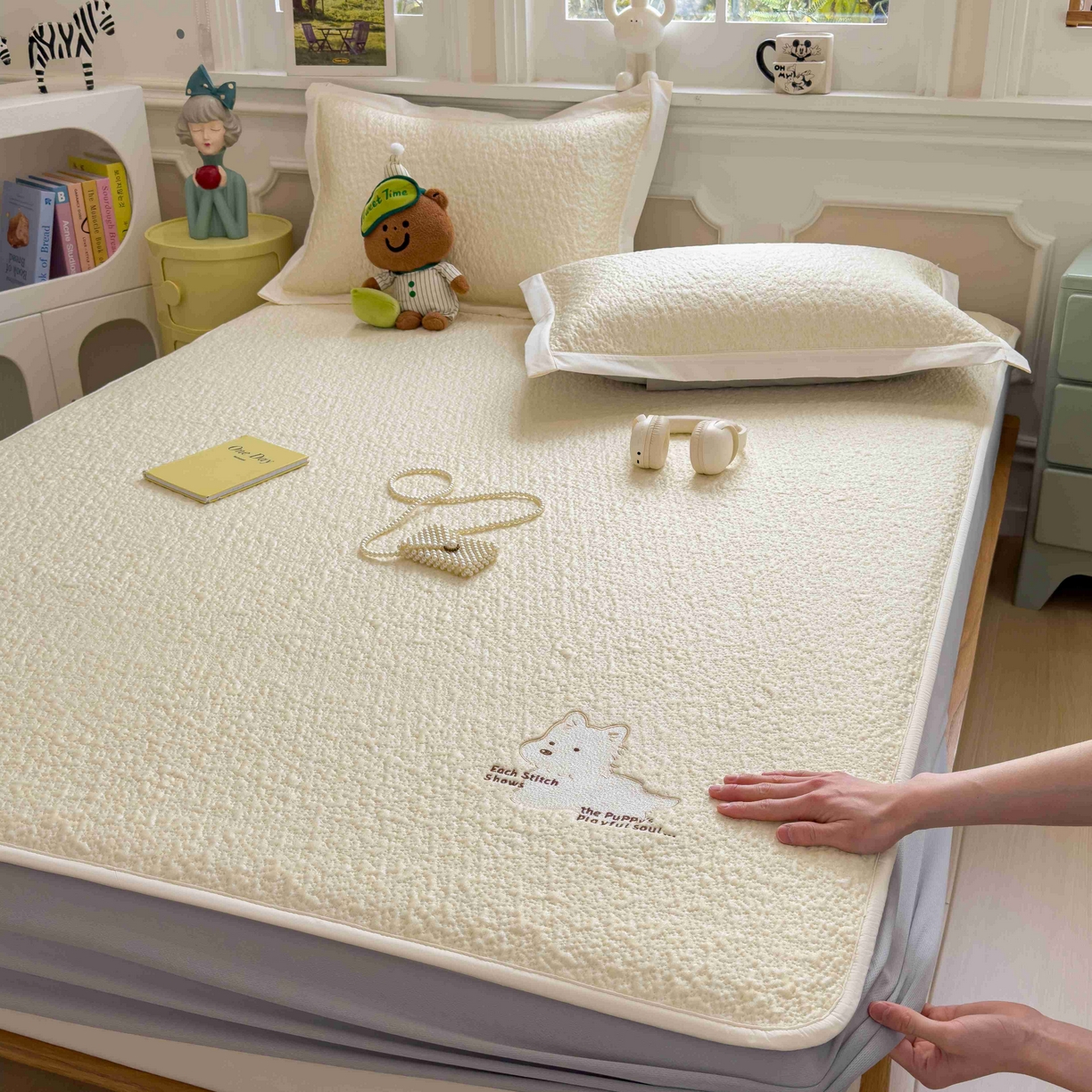 几禾 2026春夏新款双泡刺绣款凉席席子空调软席 软萌西高地 床笠款