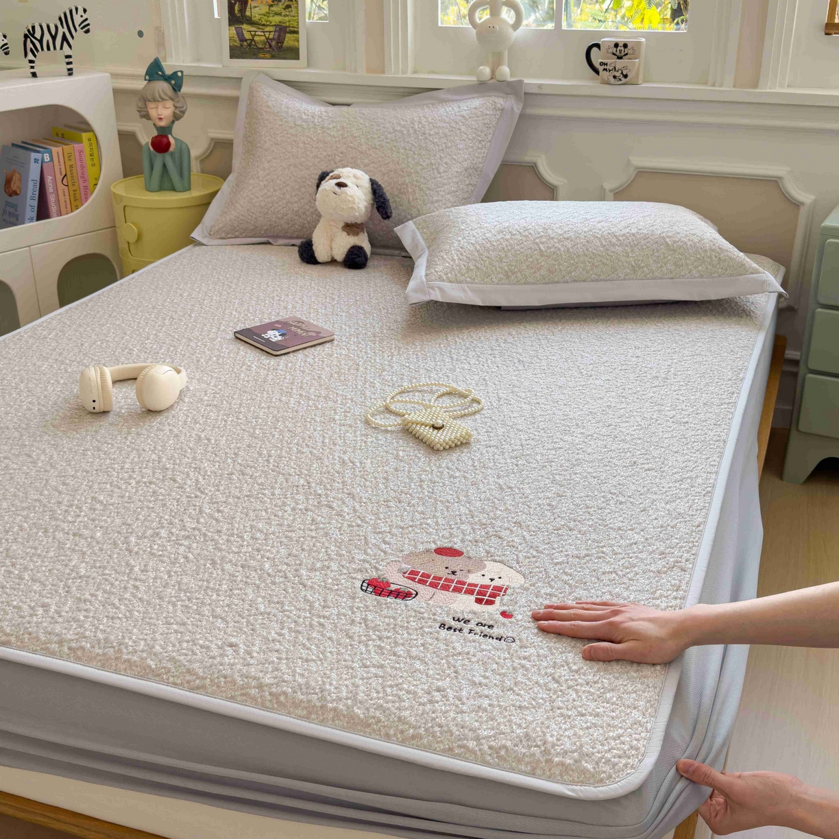 几禾 2026春夏新款双泡刺绣款凉席席子空调软席 围巾小狗 床笠款