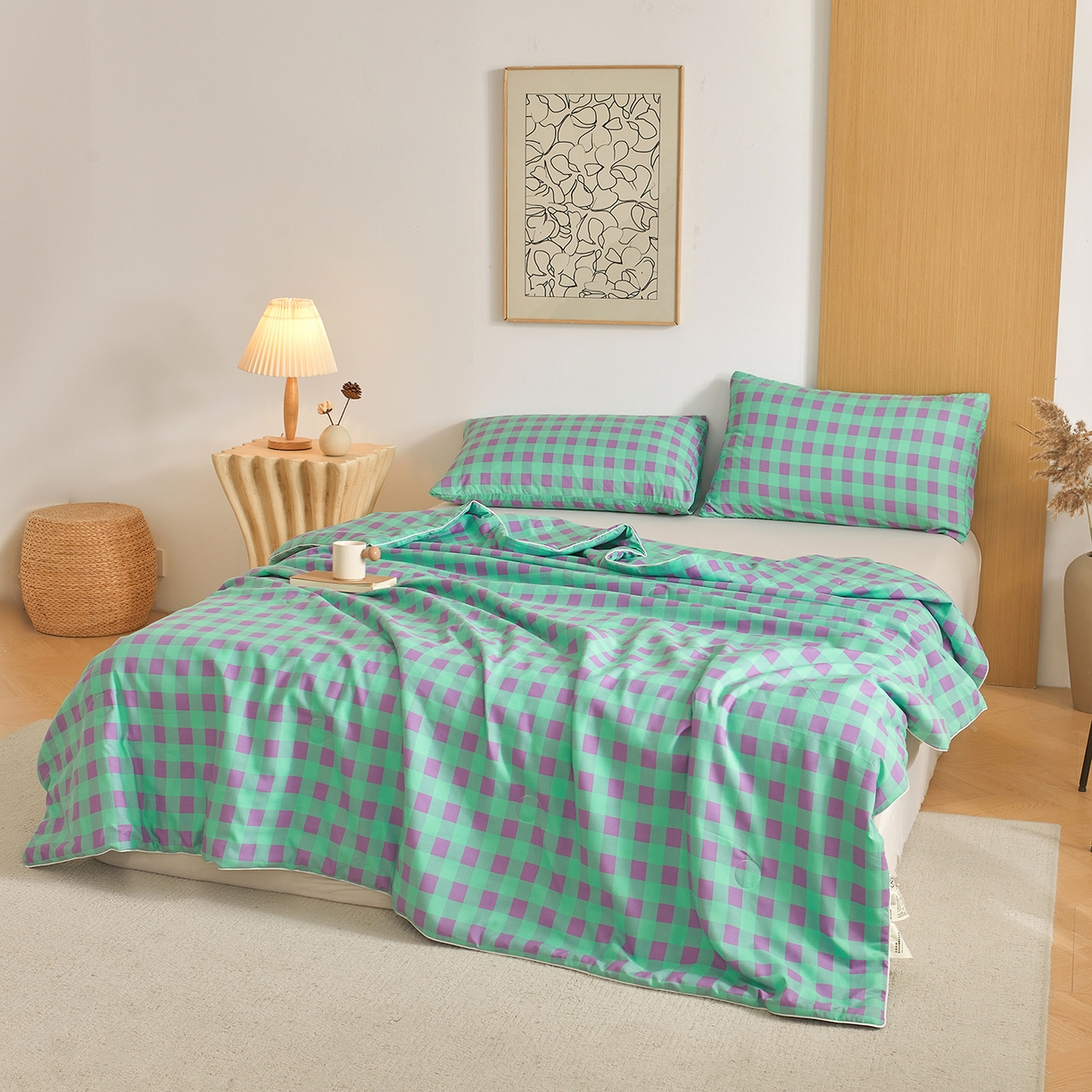 91家纺网 家纺一手货源 找家纺 景眠 2026新款水洗棉格子夏被 绿紫中格