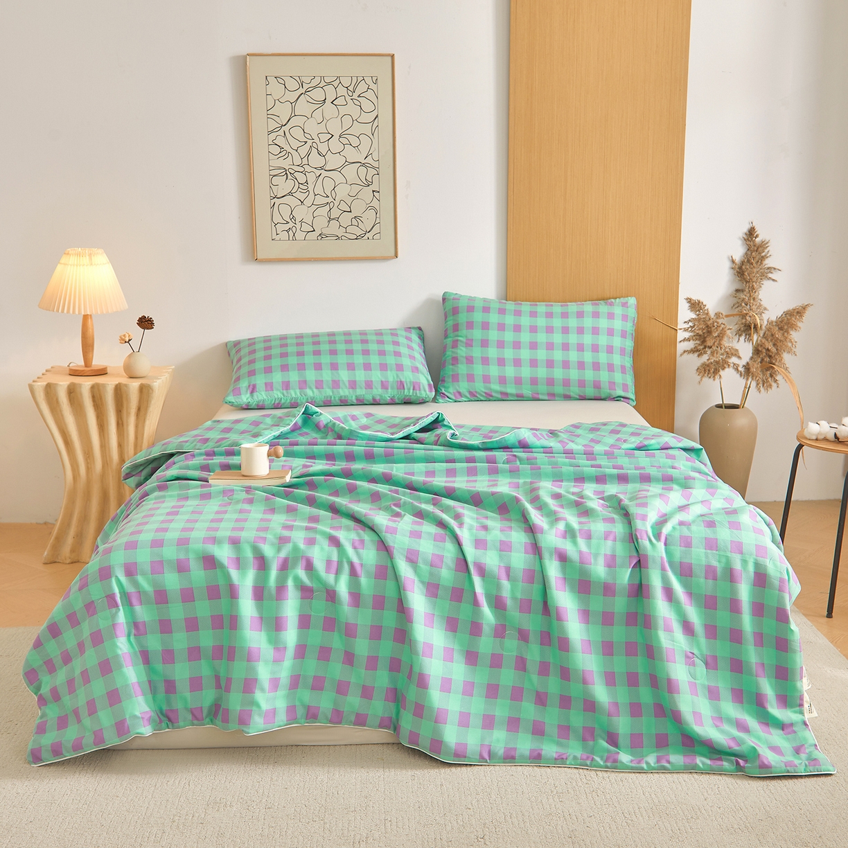 91家纺网 家纺一手货源 找家纺 景眠 2026新款水洗棉格子夏被 绿紫中格