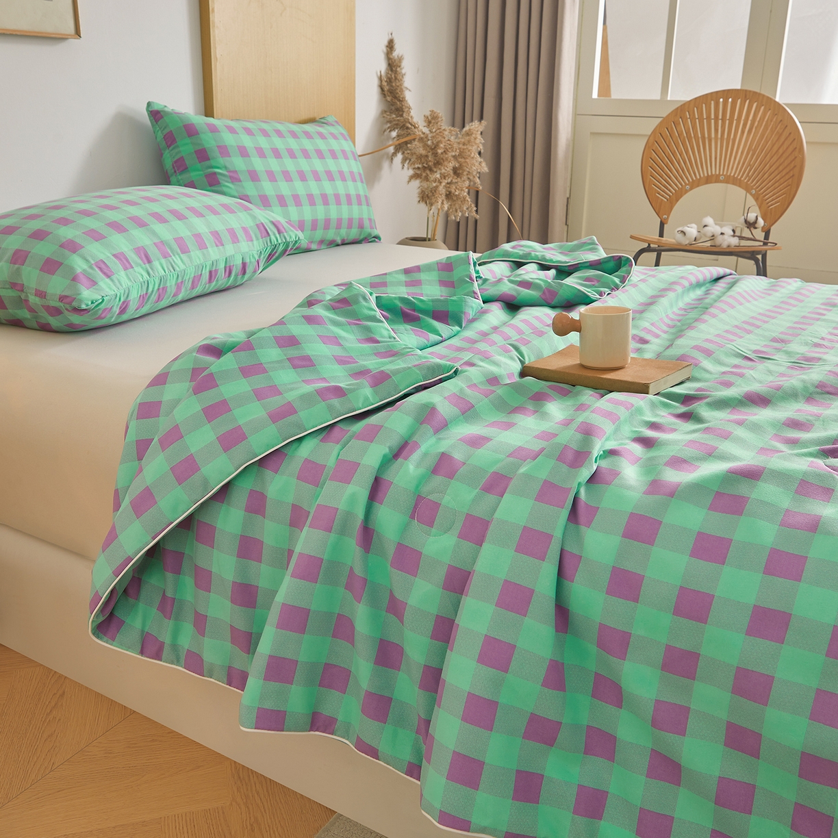 91家纺网 家纺一手货源 找家纺 景眠 2026新款水洗棉格子夏被 绿紫中格