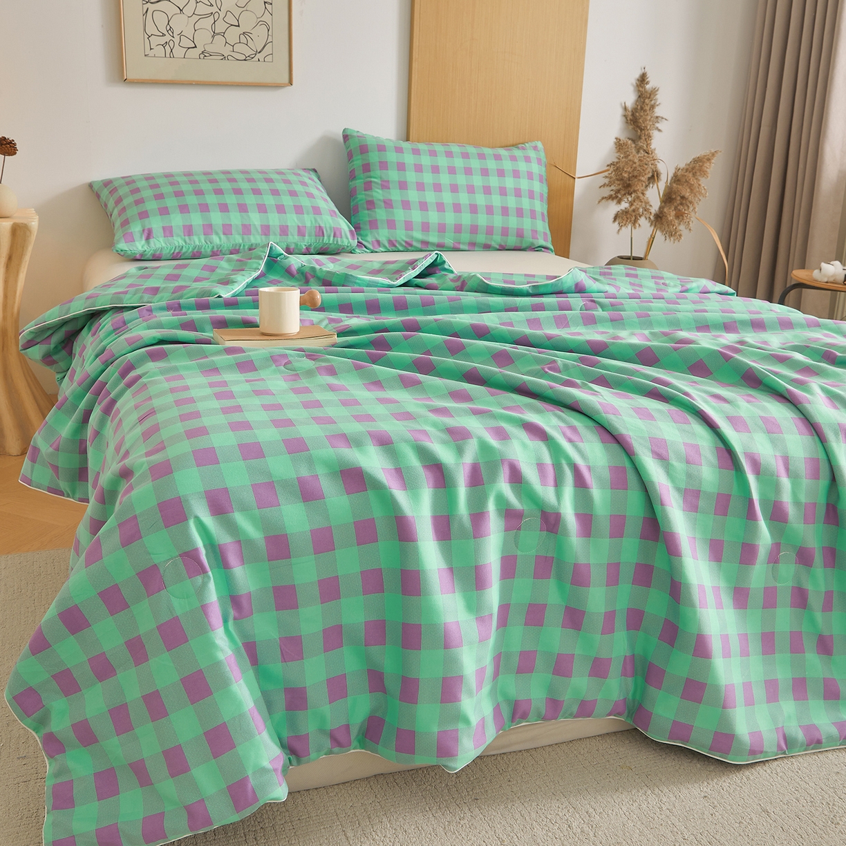 91家纺网 家纺一手货源 找家纺 景眠 2026新款水洗棉格子夏被 绿紫中格