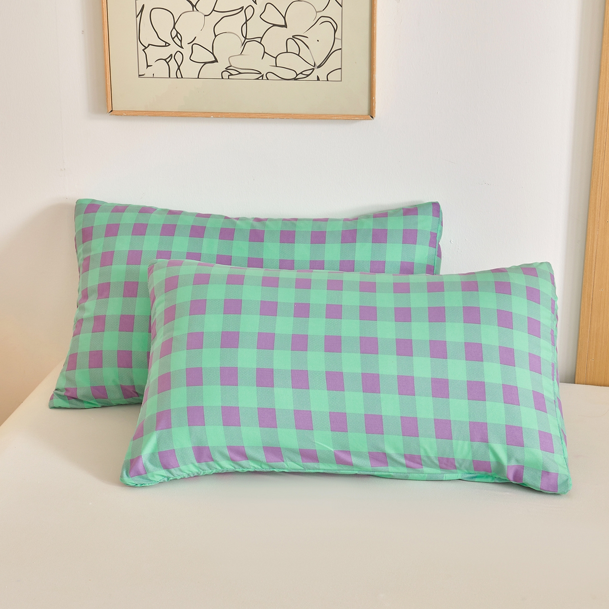 91家纺网 家纺一手货源 找家纺 景眠 2026新款水洗棉格子夏被 绿紫中格