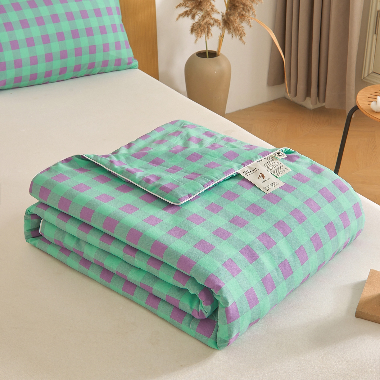 景眠 2026新款水洗棉格子夏被 绿紫中格