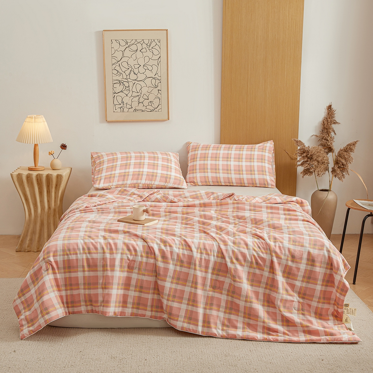 91家纺网 家纺一手货源 找家纺 景眠 2026新款水洗棉格子夏被 沐雅格 粉