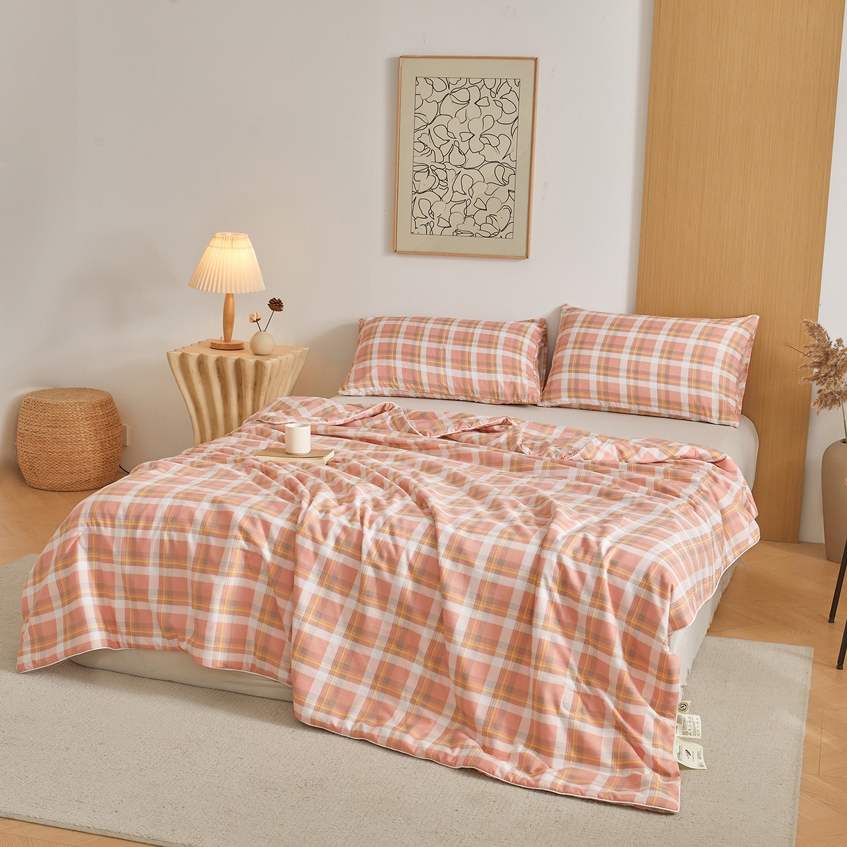 91家纺网 家纺一手货源 找家纺 景眠 2026新款水洗棉格子夏被 沐雅格 粉