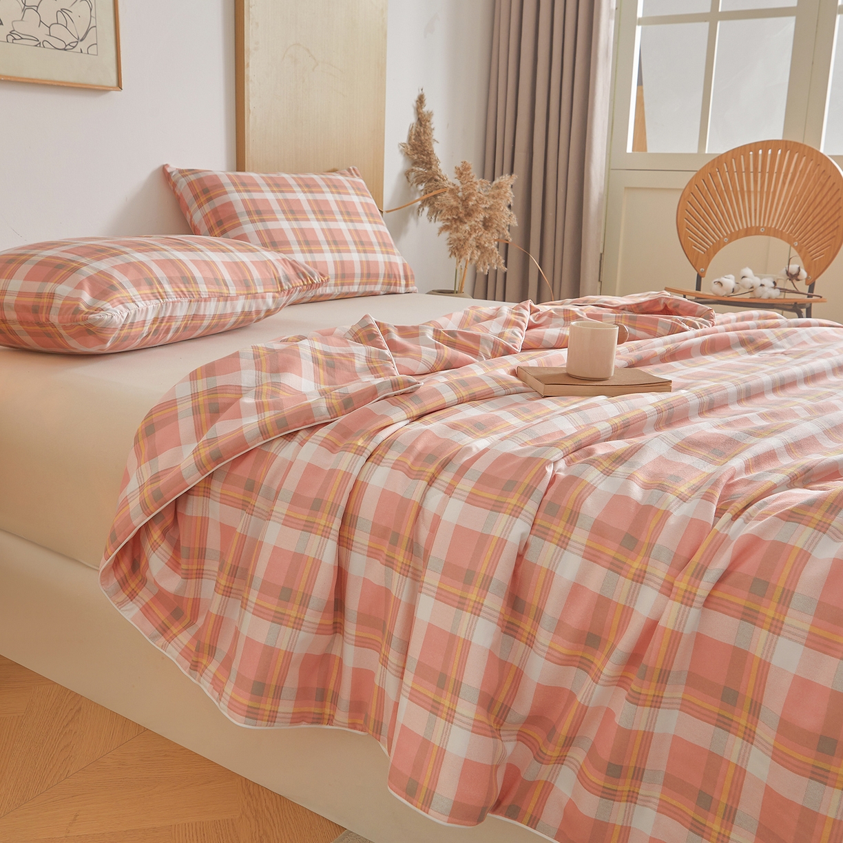 91家纺网 家纺一手货源 找家纺 景眠 2026新款水洗棉格子夏被 沐雅格 粉