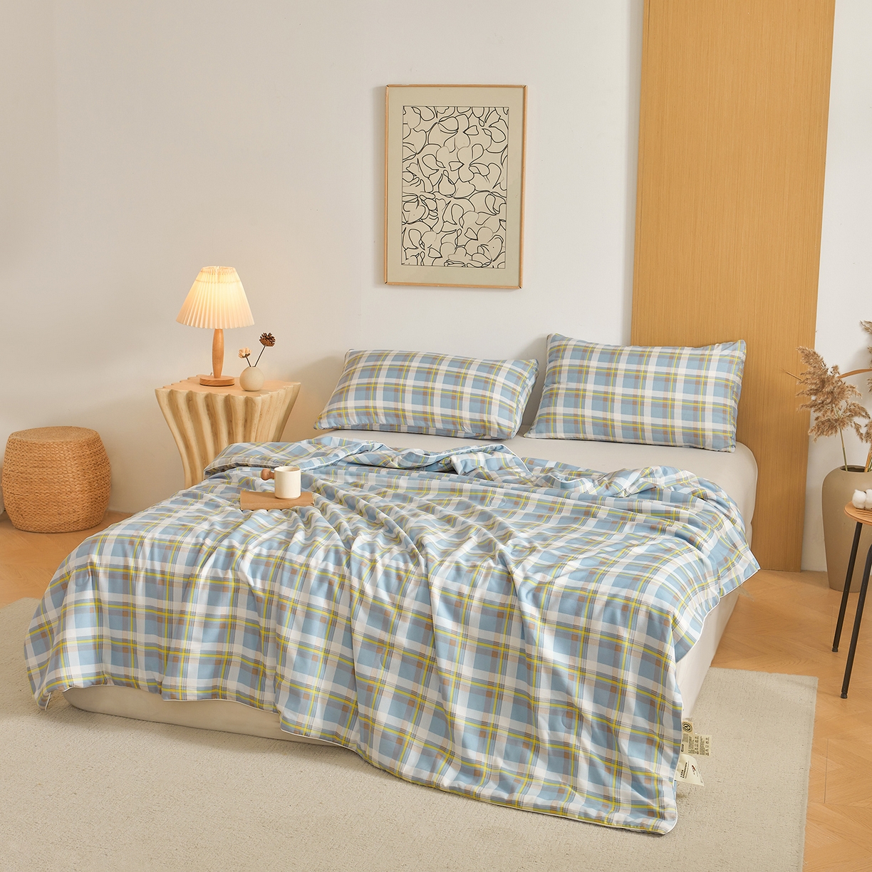 91家纺网 家纺一手货源 找家纺 景眠 2026新款水洗棉格子夏被 沐雅格 蓝